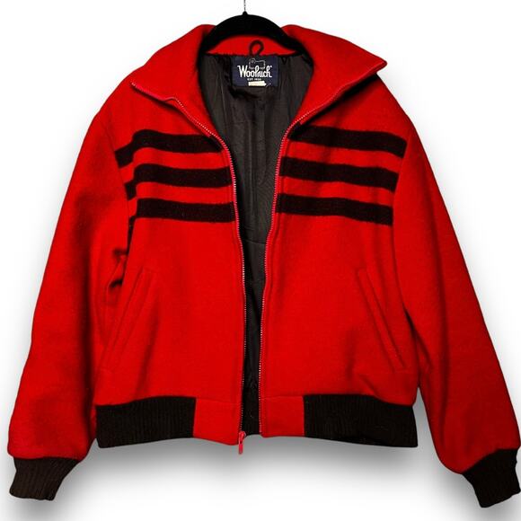 Vintage 70s 80s Woolrich Mens Size Medium USA Red Black Stripe Bomber Jacket - Picture 1 of 11